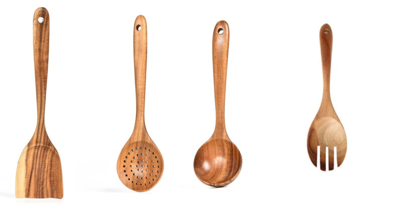 Teak Wood Kitchen Utensil Set - 6-Piece Natural Wooden Cooking Tools (Spoon, Ladle, Turner) | Eco-Friendly & Heat-Resistant
