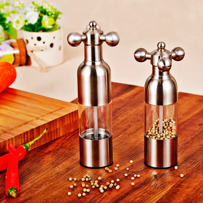Red and black 4-in-1 pepper mill with salt, peppercorns, and garlic