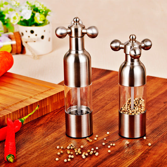 Red and black 4-in-1 pepper mill with salt, peppercorns, and garlic