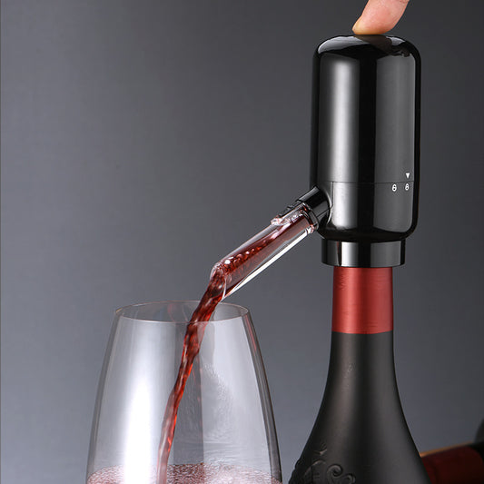 Black electric wine dispenser with 6 bottles on marble counter