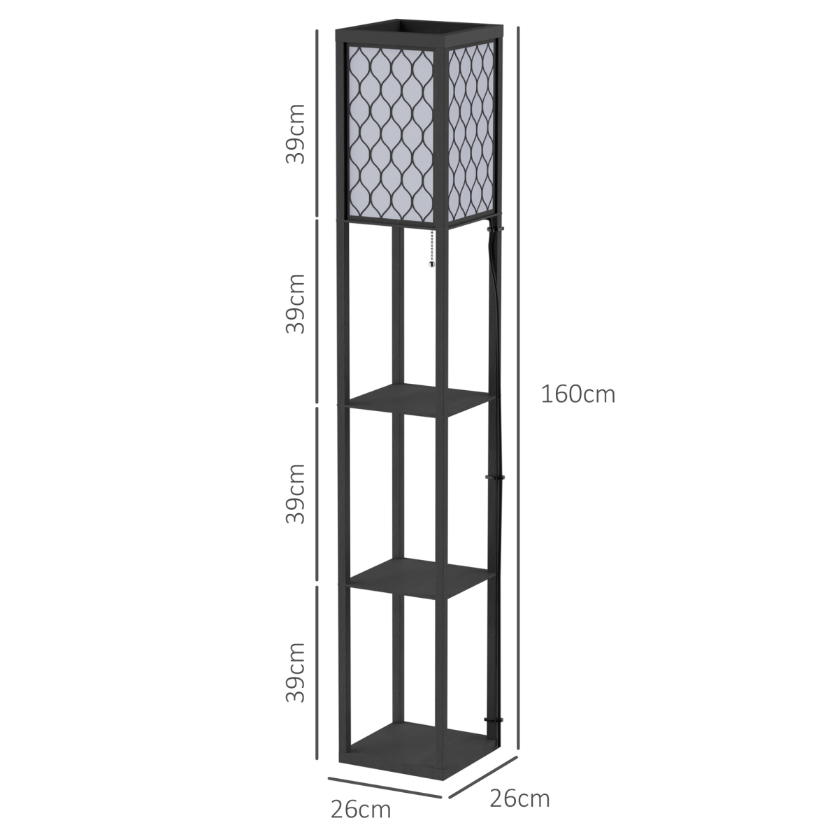 Shelf Floor Lamp W/4-tier Open Shelves Wooden, 26L x 26W x 160Hcm-Black/White