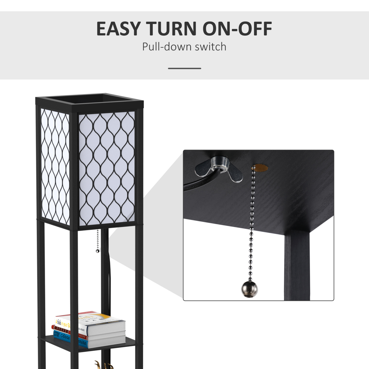 Shelf Floor Lamp W/4-tier Open Shelves Wooden, 26L x 26W x 160Hcm-Black/White