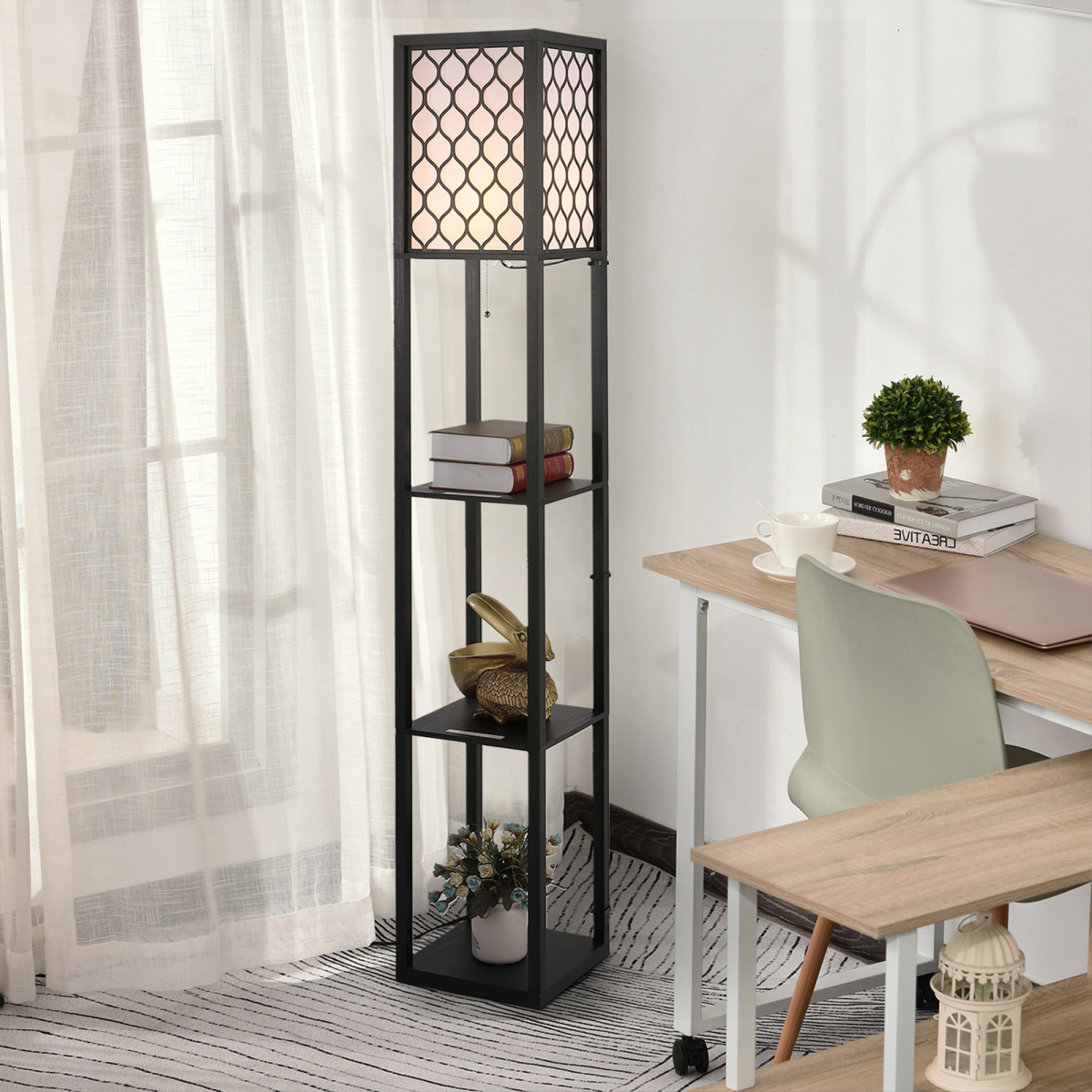 Shelf Floor Lamp W/4-tier Open Shelves Wooden, 26L x 26W x 160Hcm-Black/White